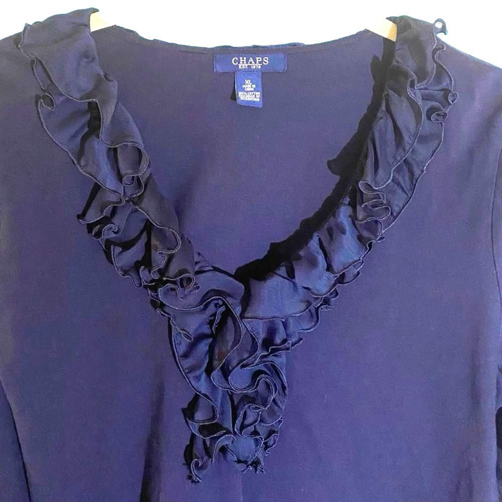 Chaps Navy Blue V-Neck Women's Tee with Ruffles, XL Size - Picture 6 of 12